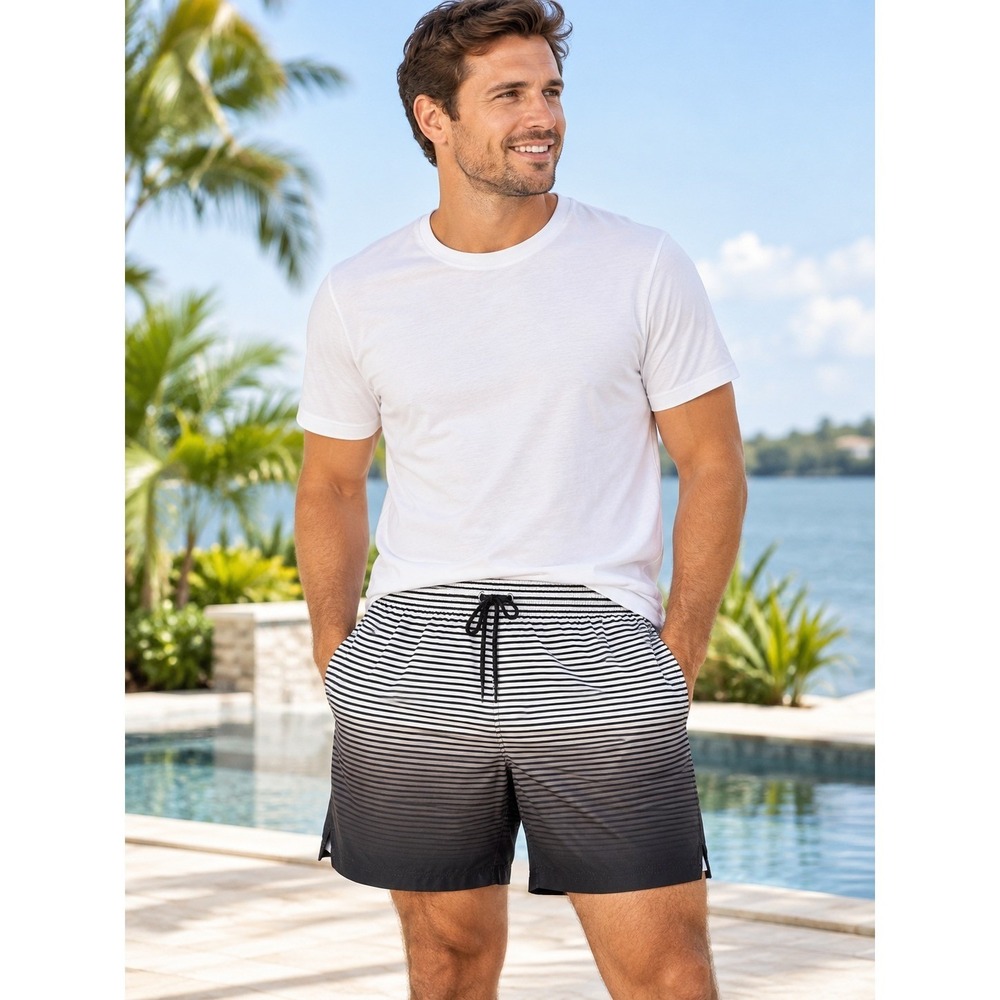 George Swim trunks Shorts Size 3XL Black White Ombre' Stripe Lined Pockets NEW